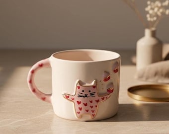 Pink Cat & Heart Hand-Painted Ceramic Mug