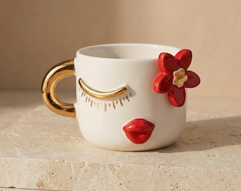 Handmade Ceramic Face Mug, 24ct Gold Plated Accents, Whimsical Pottery Coffee Cup