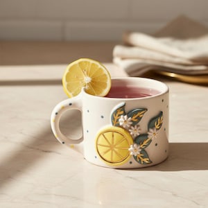 May include: A white ceramic mug with a lemon slice on the rim, filled with pink liquid. The mug features a lemon slice and floral design with blue and gold accents. The handle has blue and yellow polka dots. A decorative kitchenware item.