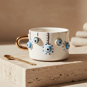 Handmade Ceramic Espresso Mug | 3D Evil Eye & Gold Handle