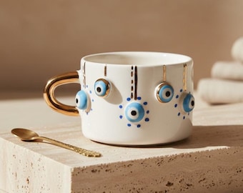 Handmade Ceramic Espresso Mug | 3D Evil Eye & Gold Handle
