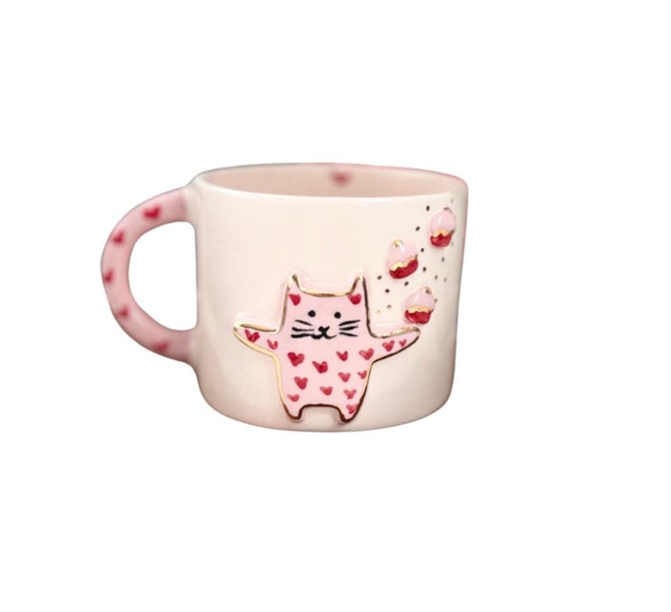 ピンクの猫とハートの手描き陶器マグカップ - Etsy 日本