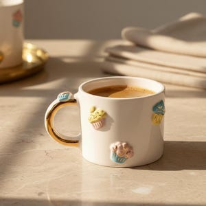 Tazza in ceramica dipinta a mano con motivi di cupcake – Tazza da caffè artigianale color pastello con manico dorato