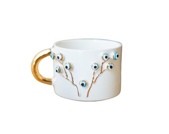 Handmade Ceramic Mug Tree of Life, Glazed Turkish Ceramic Art Evil Eye Protector Gift 200 ml