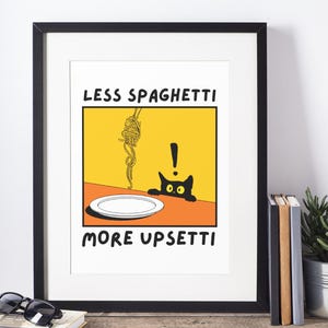 Meno spaghetti più sconvolti, poster da parete alla moda, citazione divertente, stampa di un gatto nero, poster di pasta per ristoranti bistrot, arredamento unico per cucina italiana