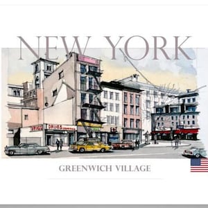 Poster su carta fotografica, Greenwich Village, New York, stampa di qualità da acquerello originale, disponibile in diverse dimensioni e prezzi