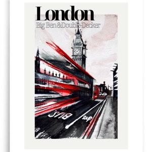 Poster su carta fotografica Ultra Premium Luster, Big Ben + Double Decker, Londra, poster estetico, stampa di qualità da acquerello originale