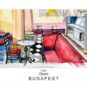 Poster Fine Art, Manifesto della città, Opera Caffe, Budapest, stampa di qualità da acquerello originale, su carta fotografica, diverse dimensioni