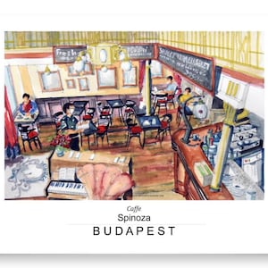 Poster Fine Art, Spinoza Restaurant & Caffe, Budapest, stampa di qualità da acquerello originale, su carta fotografica, diverse dimensioni