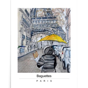 Poster estetico, stampa fine art, baguette, Parigi, stampa di qualità da acquerello originale, carta fotografica, in diverse dimensioni, regalo per lei