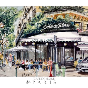 Poster Fine Art, Café de Flore, Parigi, stampa di qualità da acquarello originale, su carta fotografica, in diverse dimensioni