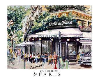 Posters Paris, Cafe de Flore Paris Print, Watercolor Fine Art Poster