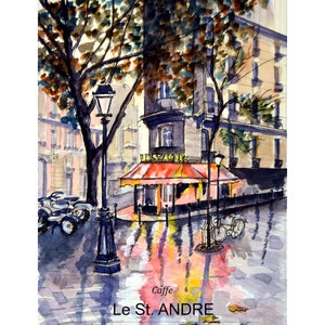 Affiche en papier photo, Travel Poster Paradise, affiche d'art, Le St. Andre Cafe, Paris, impression de qualité à partir d'une peinture aquarelle originale