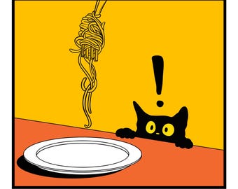 Póster divertido de gato negro con pasta, arte de cocina con menos espaguetis y más upsetti