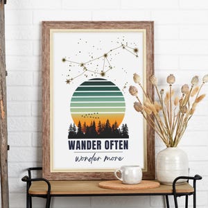 Retro Wilderness Art Print: Wander Often, Forest Sunset