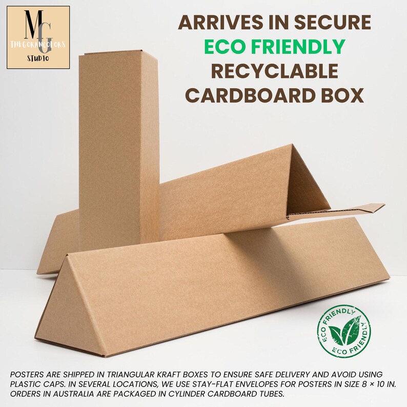 Puede incluir: Una caja de cart&oacute;n triangular con el texto "ARRIVES IN SECURE ECO FRIENDLY RECYCLABLE CARDBOARD BOX" impreso en ella. La caja est&aacute; hecha de cart&oacute;n marr&oacute;n y tiene un logotipo ecol&oacute;gico verde en el lateral.