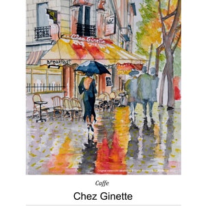 Poster Fine Art, Chez Ginette Café, Parigi, stampa di qualità da acquarello originale, su carta fotografica, in diverse dimensioni