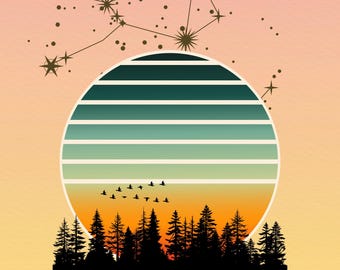 Impresión retro de bosque al atardecer, arte mural con cita de aventura, póster de constelaciones naturales