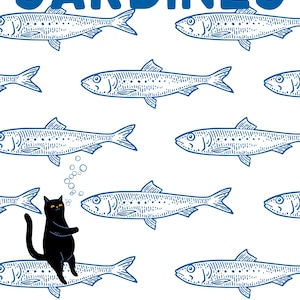 Featuring a retro-inspired blue sardine pattern on a crisp white background, this design stands out with a playful black cat floating among the fish, blowing bubbles. A perfect mix of vintage charm and quirky humor.