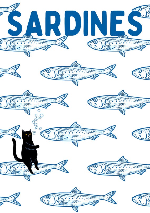 Vintage Sardine Pattern Print, Funny Cat Under the Sea Poster, Aesthetic Kitchen Art, Eclectic Wall Decor, Black Cat Seafood Illustration