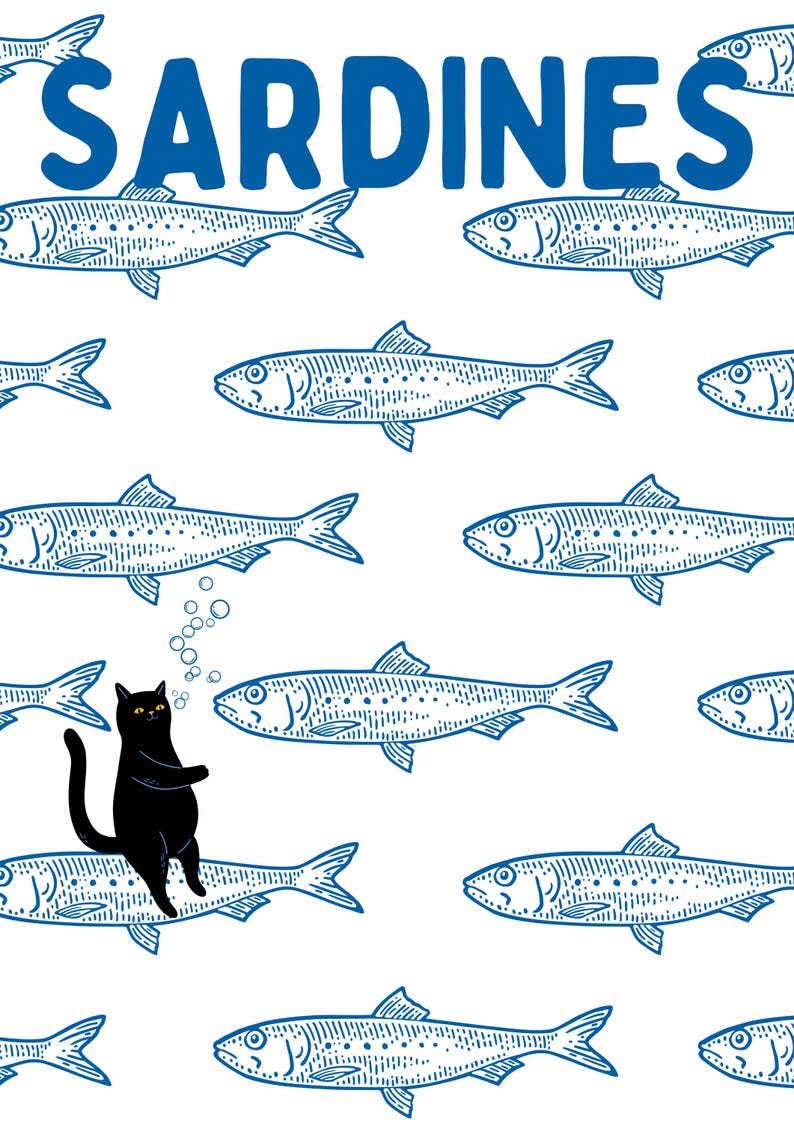 Featuring a retro-inspired blue sardine pattern on a crisp white background, this design stands out with a playful black cat floating among the fish, blowing bubbles. A perfect mix of vintage charm and quirky humor.