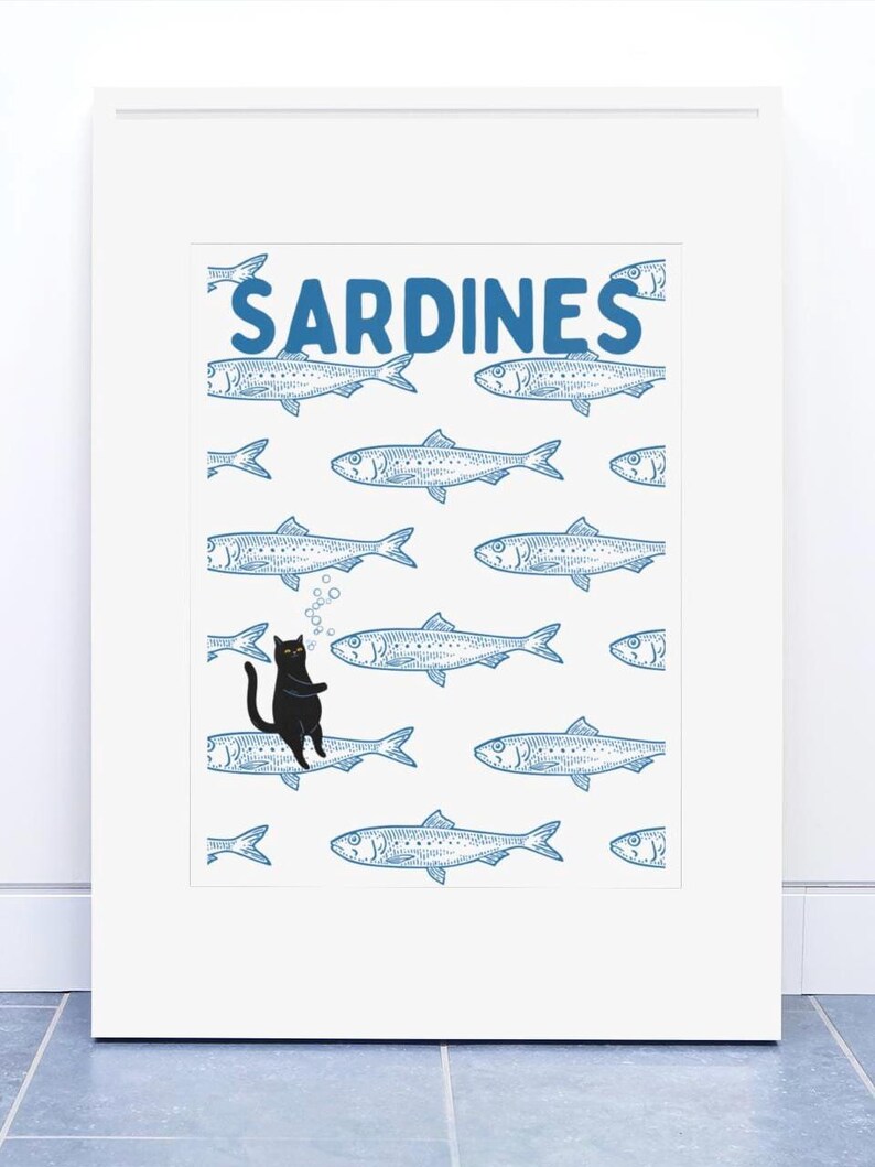 Featuring a retro-inspired blue sardine pattern on a crisp white background, this design stands out with a playful black cat floating among the fish, blowing bubbles. A perfect mix of vintage charm and quirky humor.