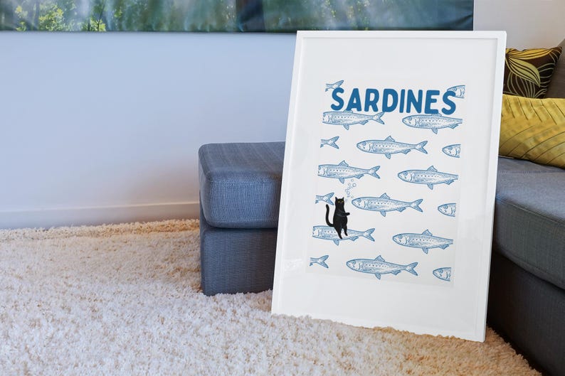 Featuring a retro-inspired blue sardine pattern on a crisp white background, this design stands out with a playful black cat floating among the fish, blowing bubbles. A perfect mix of vintage charm and quirky humor.