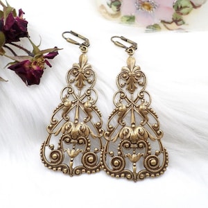 Large Brass Filigree Earrings: Victorian Baroque Reproduction Jewelry