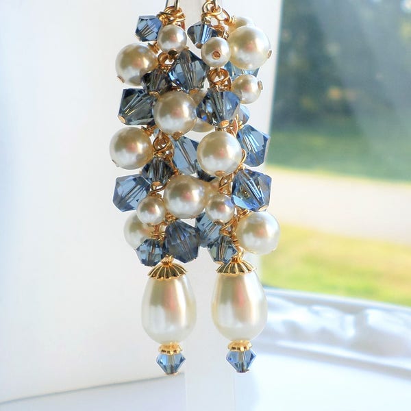 Cream Pearl Cluster Long Earrings, Bridesmaid Earrings, Blue Crystal Earrings, Cream Pearl Earrings, Gold Earrings, Pearl Jewelry, Gift