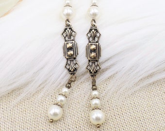 Long Slender Cream Pearl Art Deco Earrings, Classy Jewelry, Flapper Black Tie Event Elegant Jewelry Women, Roaring 1920's, Downton Abbey