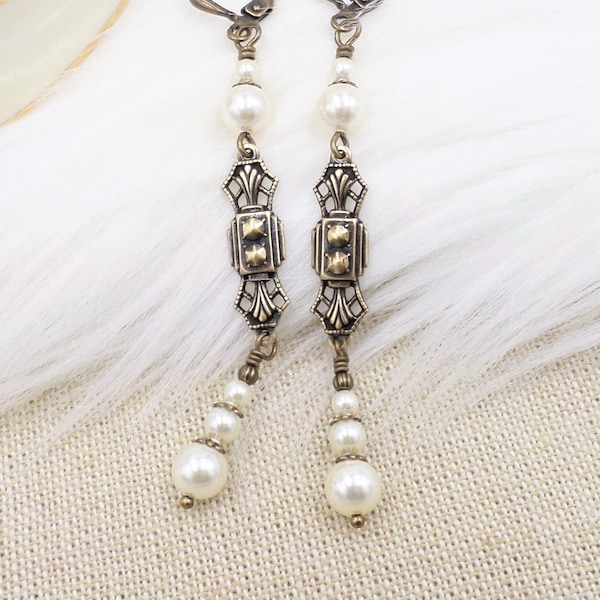 Long Slender Cream Pearl Art Deco Earrings, Classy Jewelry, Flapper Black Tie Event Elegant Jewelry Women, Roaring 1920's, Downton Abbey