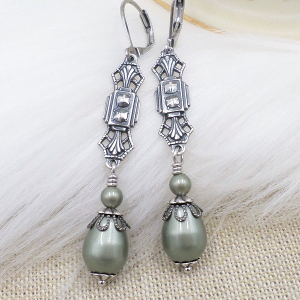 Sage Green Pearl Drop Earrings, Art Deco Jewelry, Dusty Green Bridal Jewelry, Silver Plated Light Green Dangles, Sage Ren Faire Jewelry