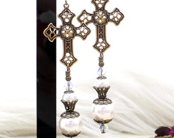Brass Cross Earrings: Filigree Victorian Goth Handmade Pearl & Crystal Jewelry