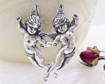 Silver Cherub Angel Earrings: Antique Sterling Plated Brass, Angelcore Jewelry