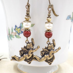 Angel Earrings, Brass Cherub Red Pearl Jewelry, Valentine&#39;s Day Gift Idea, Cute Whimsical Lovecore Earrings, Romantic Present Girlfriend
