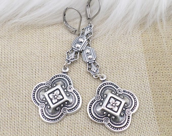 Silver Quatrefoil Earrings, Silver plated Medieval Statement Jewelry, Celtic Floral Drop Dangle Earrings, Mother's Day Gift Idea