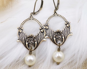 Art Nouveau Flower Earrings with Cream Pearls, Floral Dangle Earrings, Mother's Day Gift Idea, Cottagecore Earrings