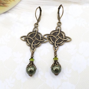 Celtic Knot Earrings, Bronze Metal, Dark Forest Green Pearl Dangles, Ren Faire Jewelry Accessory, Medieval Earrings, Gift For Girlfriend