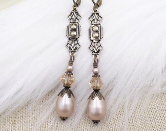 Champagne Beige Almond Long Pearl Earrings, Art Deco Golden Crystal Slender Drop Dangles, 1920's Party Jewelry, Flapper Style Jewelry