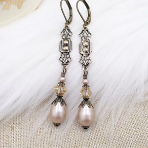 Champagne Beige Almond Long Pearl Earrings, Art Deco Golden Crystal Slender Drop Dangles, 1920's Party Jewelry, Flapper Style Jewelry