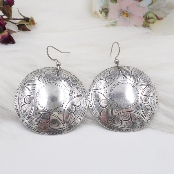 Large Silver disc Earrings, Hill Tribe Jewelry, Sterling Silver Plated Statement, Lightweight Dangles, Gift for Mom, Round Circle Earrings