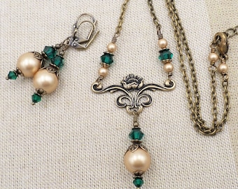 Art Nouveau Brass Necklace Earring Set: Emerald Green Crystal Pearl Jewelry