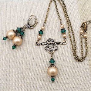 Art Nouveau Brass Necklace Earring Set: Emerald Green Crystal Pearl Jewelry