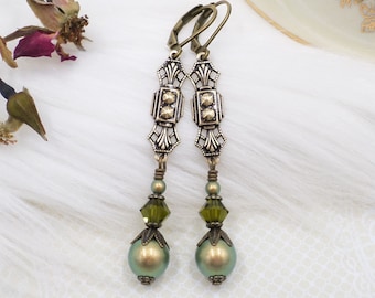Art Deco Dangle Earrings: Forest Green Pearl & Olive Crystal