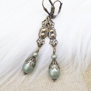Sage Green Pearl Dangle Earrings: Art Deco Style, Antiqued Brass