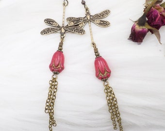 Brass Dragonfly Earrings, Asymmetrical, Pink Czech Flower Chain Earrings, Cottagecore Aesthetic, Nature Animal Lover Gift, Cute Girly Light