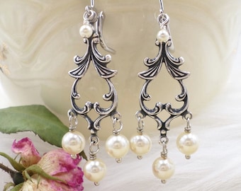 Victorian Silver Cream Pearl Chandelier Earrings, Vanilla Girl Style, Softcore Aesthetic, Light Academia Jewelry Gift, Renaissance Baroque