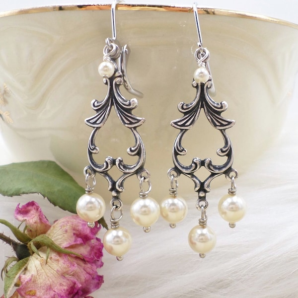 Victorian Silver Cream Pearl Chandelier Earrings, Vanilla Girl Style, Softcore Aesthetic, Light Academia Jewelry Gift, Renaissance Baroque