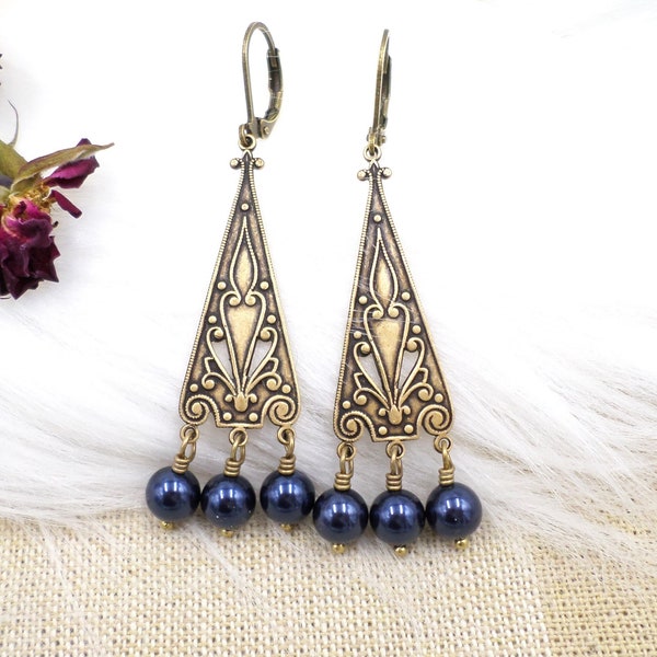 Navy Blue Pearl Earrings, Art Deco Brass Dangles, Art Nouveau Bridesmaid Dark Blue Jewelry, Indigo, Renaissance Accessory, Royalcore