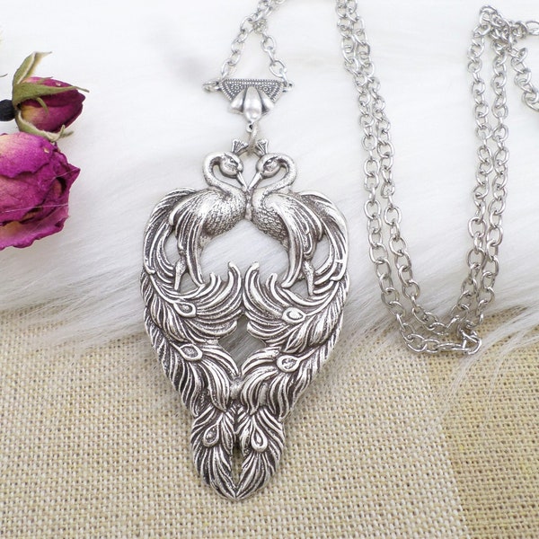 Silver Peacock Necklace, Bird Lovers Jewelry Gift, Holiday Gift For Her, Wife, Bird Jewelry, Art Nouveau Jewelry, Cottagecore, Grandmacore